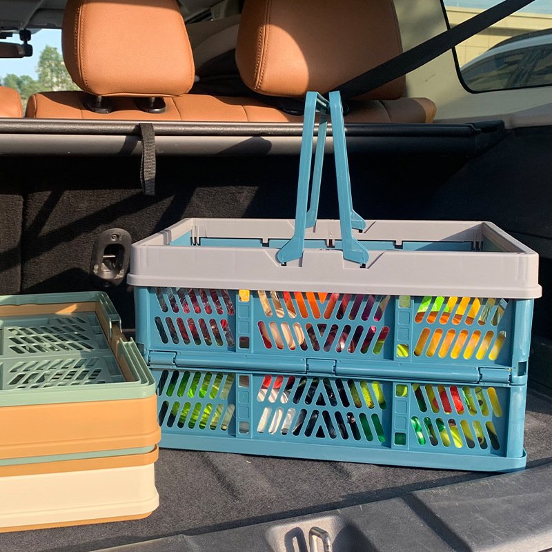 Foldable picnic basket ins supermarket shopping basket vegetable shopping basket large spring outing hand basket Japanese style shopping blue - Image 3